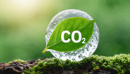 co2 reducing icon on green leaf with water droplet for decrease co2 carbon footprint and carbon credit to limit global warming from climate change bio circular green economy concept - obrazy, fototapety, plakaty