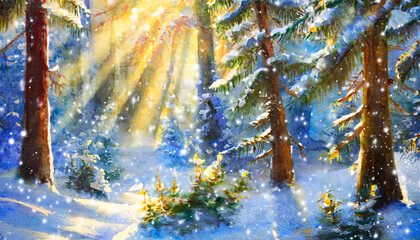 a painting of a snowy forest with sunlight streaming through the trees generative ai