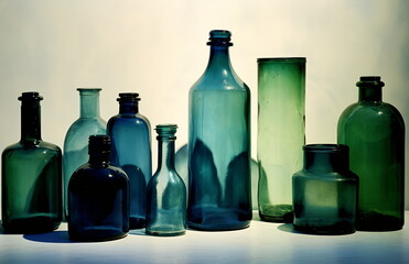 Old-fashioned glass bottles in various hues and forms - obrazy, fototapety, plakaty