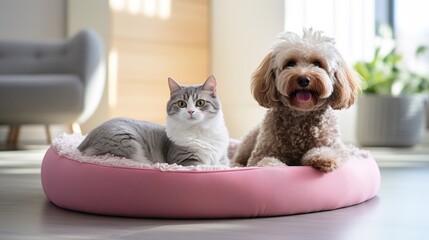 A cat and a dog are resting on a soft pet bed. Friendship between cat and dog - obrazy, fototapety, plakaty
