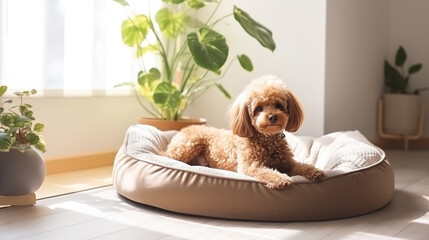 Brown poodle resting in a soft dog bed - obrazy, fototapety, plakaty
