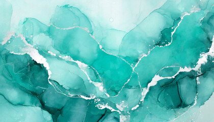 pastel cyan mint liquid marble watercolor background with white lines and brush stains teal...