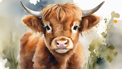 watercolor cute baby highland cow painting realistic animal portrait illustration created with generative ai technology