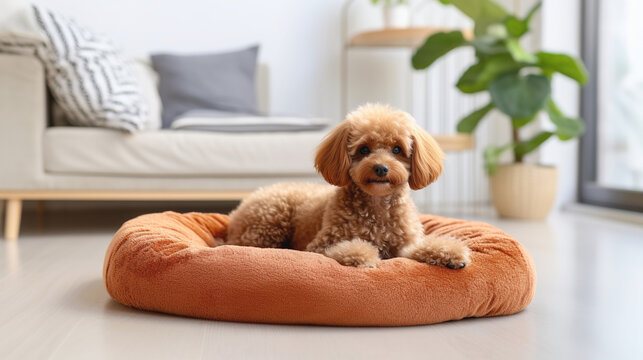Brown poodle resting in a soft dog bed