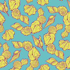 Sea shell decorative seamless abstract pattern. Summer beach holiday, ocean scuba diving and snorkeling theme for textile print, fabric design, wallpaper, background, wrapping paper, trendy fashion.
