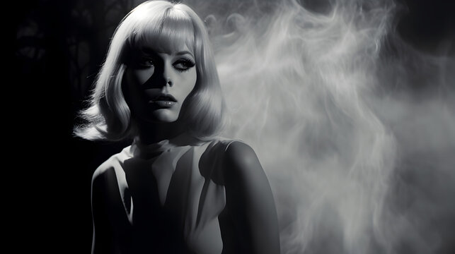1960s fashion inspired Black and white photo of a woman with blonde hair surrounded by whispery soft smoke