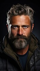 Obraz premium Bearded middle-aged man wearing glasses looking at camera with a serious expression in a close up head and shoulders portrait. Man portrait illustration. Generative AI