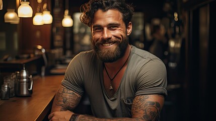 Portrait of smiling caucasian handsome young man with arms crossed standing by window at home. Man face portrait illustration. Generative AI