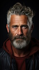 Fototapeta premium Head and shoulders portrait of a bearded middle-aged man looking thoughtfully at the camera over a white studio background. Model portrait illustration. Generative AI