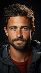 Fototapeta premium Close up portrait of young smiling handsome guy in blue t-shirt on background. Man face portrait illustration. Generative AI