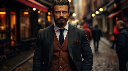 Fototapeta premium Handsome male model in checked suit walking on the street. Man portrait illustration. Generative AI