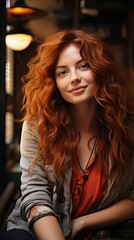 Portrait of smiling mature woman looking at camera with big grin. Successful middle aged woman at home smiling. Beautiful mid adult lady with long red hair enjoying. Generative AI art