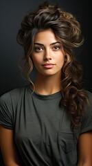 Portrait of a young latin woman with pleasant smile and crossed arms on grey wall with copy space. Beautiful girl with folded arms looking at camera against grey wall. Generative AI art