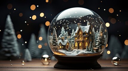 Beautiful snow globe, gifts and Christmas decor on grey wooden table. Christmas snow globe. Generative AI