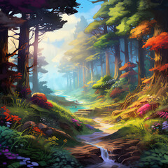 Splash Art Style Forest Illustration with Vibrant Colors and Dynamic Brush Strokes