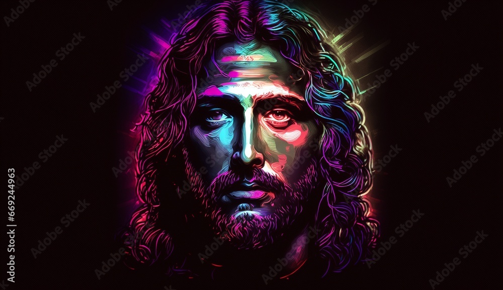 Wall mural led jesus head neon lights church cross wallpaper image ai generated art