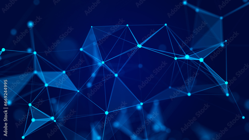 Fototapete The distribution of triangular shapes in space. Network connection structure. Big data digital background. 3D rendering.