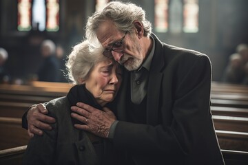 a funeral sad elderly couple crying in church
