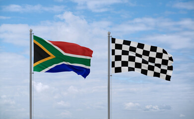 Checkered racing and South Africa flags, country relationship concept
