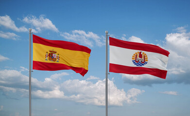 Spain and French Polynesia flags, country relationship concept