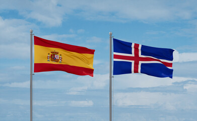 Iceland and Spain flags, country relationship concept