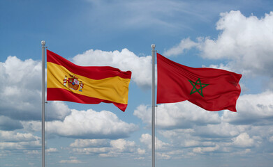 Morocco and Spain flags, country relationship concept