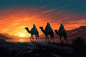 Foto op Plexiglas Silhouette of Three wise men and camel caravan at desert. Generative AI. © Lux Images