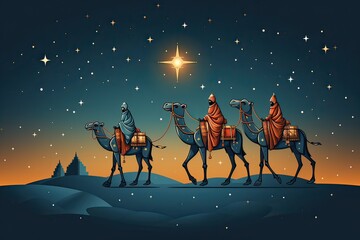 Three wise men at desert following the Star of Bethlehem. Generative AI. - obrazy, fototapety, plakaty