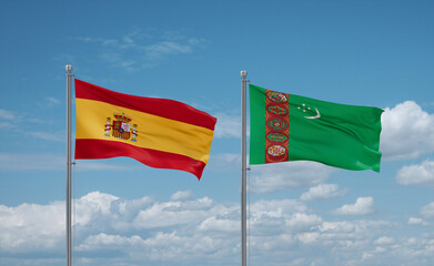 Turkmenistan and Spain flags, country relationship concept