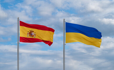 Ukraine and Spain flags, country relationship concept
