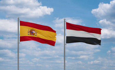 Yemen and Spain flags, country relationship concept