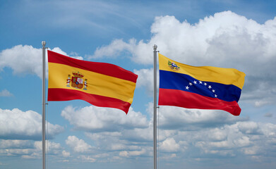 Venezuela and Spain flags, country relationship concept