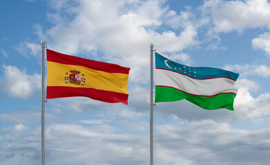 Uzbekistan and Spain flags, country relationship concept