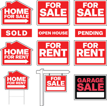 Home "For Sale" and "For Rent" Vector Set of Yard Signs for Commercial real estate and Personal House use. Area for Phone Number and bonus Garage Sale Sign Art.