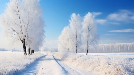 Obraz premium A dirt road meandering through a snowy farmland, leading to a frost-covered woodland, all beneath a serene blue sky adorned with white fluffy clouds