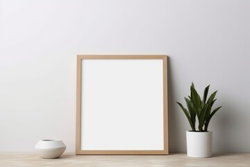 Fototapeta na wymiar Blank picture frame with flower on white wall