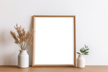 Fototapeta na wymiar Blank picture frame with flower on white wall