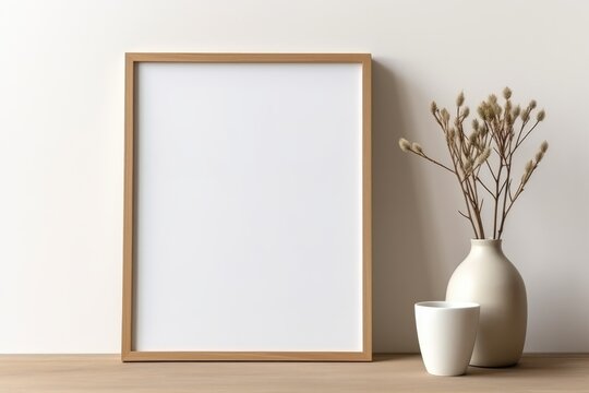 Blank picture frame with flower on white wall