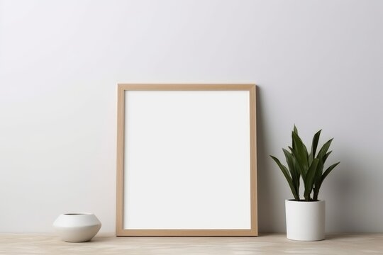 Blank picture frame with flower on white wall