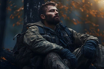 Obraz premium dirty tired soldier sleeps sitting on deep forest floor at autumn evening. Neural network generated image. Not based on any actual person or scene.