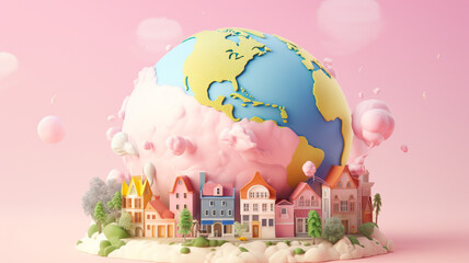Cute pastel colored world on a pastel colored background. The concept of a livable and positive planet earth