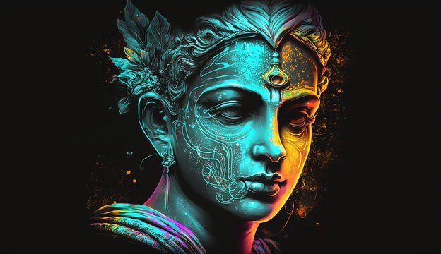 Lord krishna face neon signage ultra wallpaper image AI generated art
