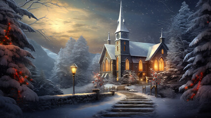 Christian church during snowy freezing winter season, concept of religion and christianity - obrazy, fototapety, plakaty