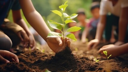 Teachers and elementary school children are planting trees together. Anurak nature It is a way to...