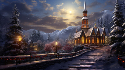 Christian church during snowy freezing winter season, concept of religion and christianity