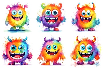 A set of six different colored monsters, watercolor clipart on white background.