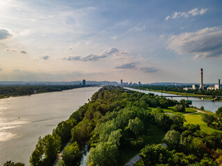 Aerial drone shot from Danube island Vienna Austria