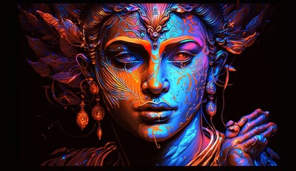 Lord krishna face neon signage ultra wallpaper image AI generated art - obrazy, fototapety, plakaty