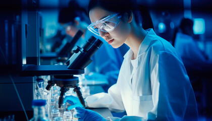 modern laboratory with advanced equipment sitting; a beautiful Chinese girl in a hooded lab coat