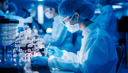 a beautiful Chinese girl with safety screen glasses and blue latex gloves, is working looking through the microscope, in a large modern laboratory